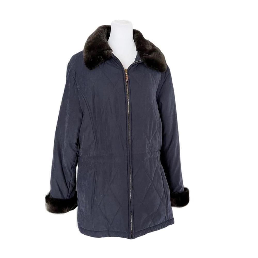 Talbots Navy Quilted Fur Collar Cuff Cinch Waist Coat Jacket Size Medium